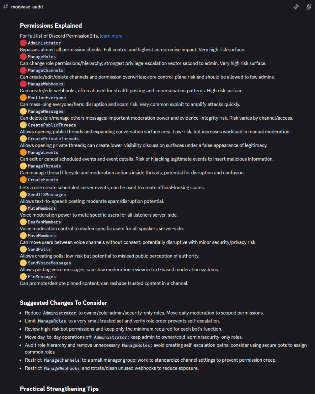 ModWise Audit Bot permissions explanation view
