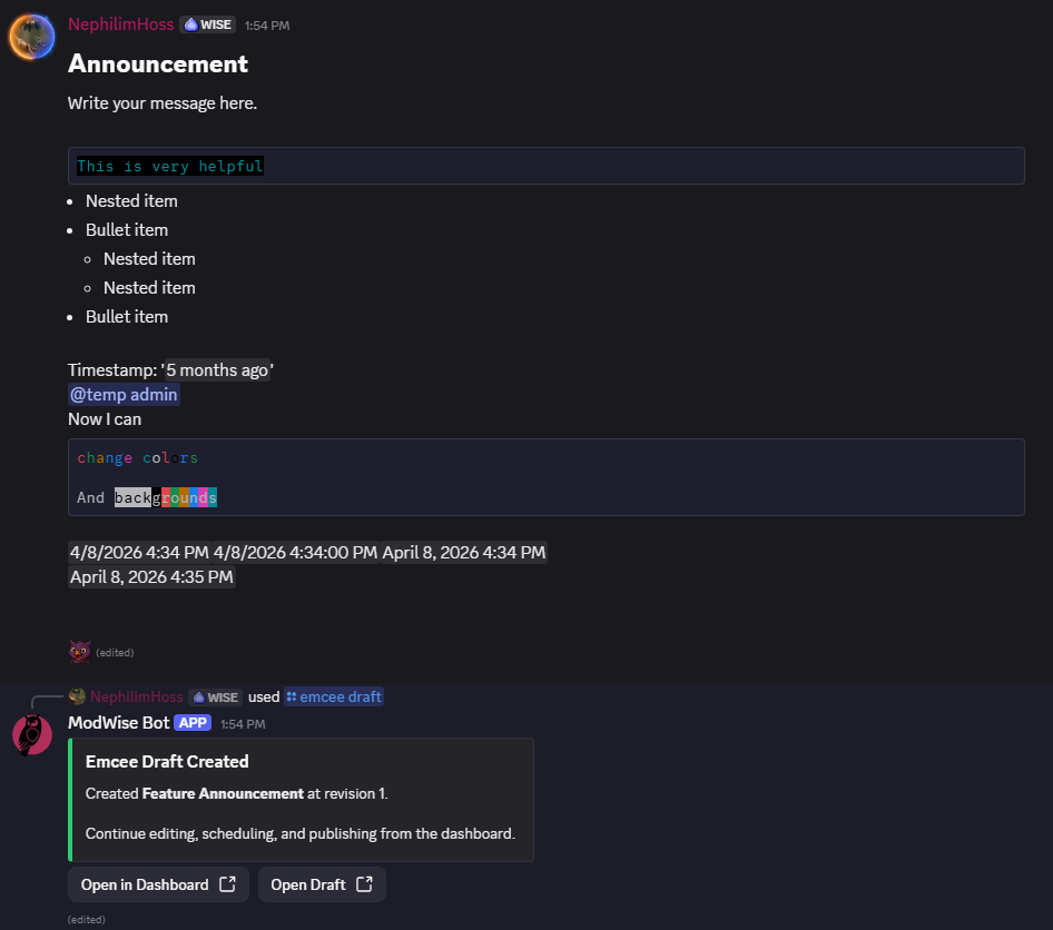 Emcee draft creation for a Discord announcement