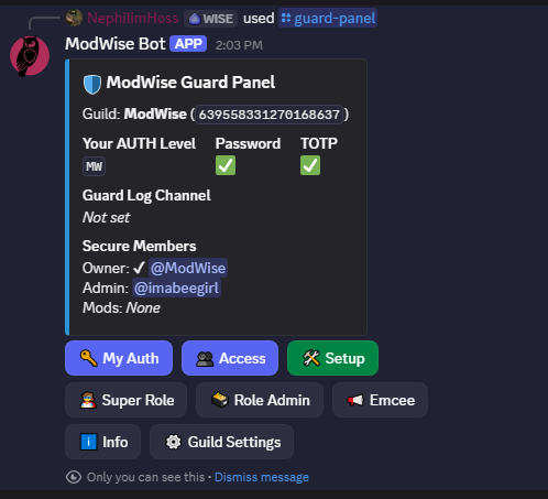 ModWise Guard panel with authentication and access controls