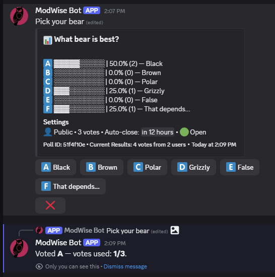 Multiple-choice Discord poll with live results