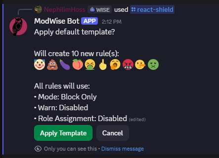 Reaction Shields template with moderation rules