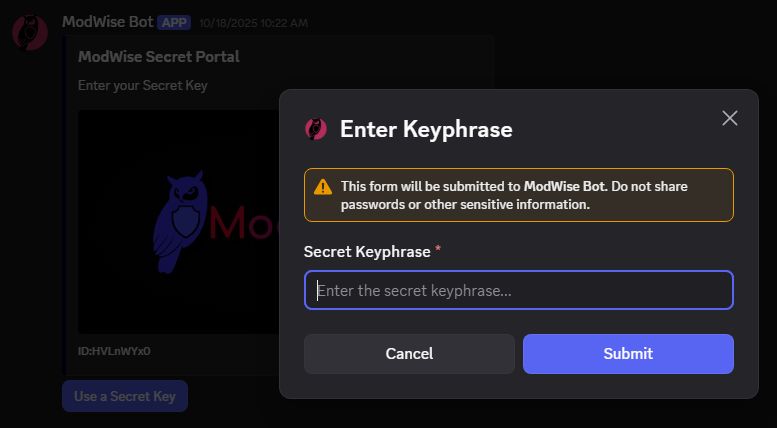 Secrets keyphrase entry dialog