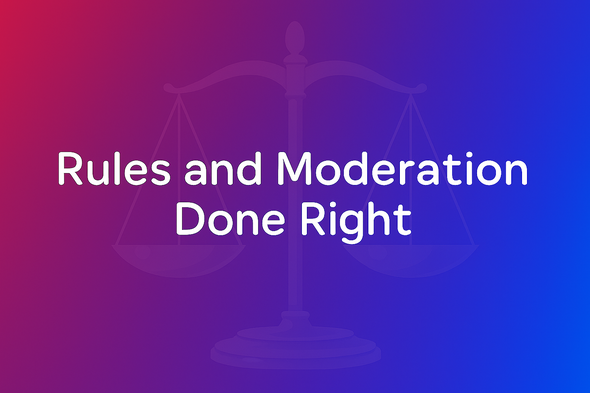 Banner image with the text 'Rules and Moderation Done Right' with a ModWise color red-to-blue gradient background featuring a centered balance scales watermark.