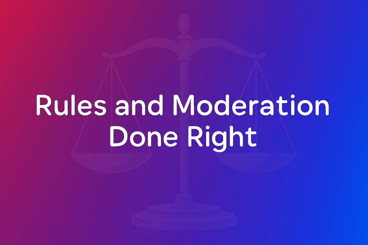 Banner image with the text 'Rules and Moderation Done Right' with a ModWise color red-to-blue gradient background featuring a centered balance scales watermark.