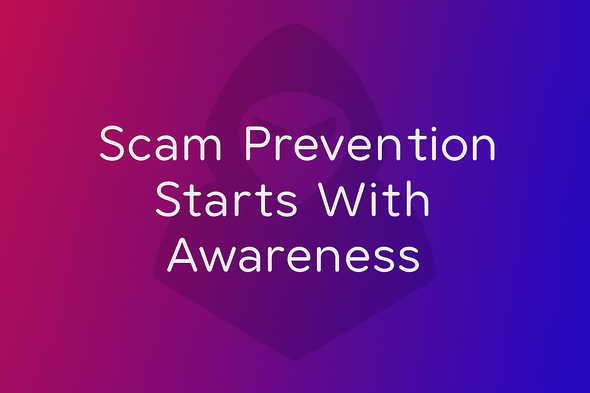 Banner image with the text 'Scam Prevention Starts With Awareness' with a ModWise color red-to-blue gradient background featuring a faint hooded scammer icon.
